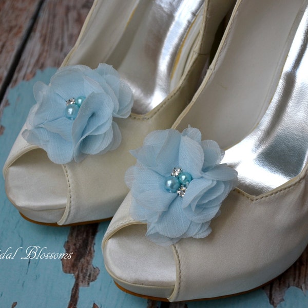 Light Blue Fluffy Chiffon Flower Shoe Clips | Pearl Rhinestone | Wedding Bridal | Shoe Flowers | Bridal Bridesmaid Gift | Fabric Flowers