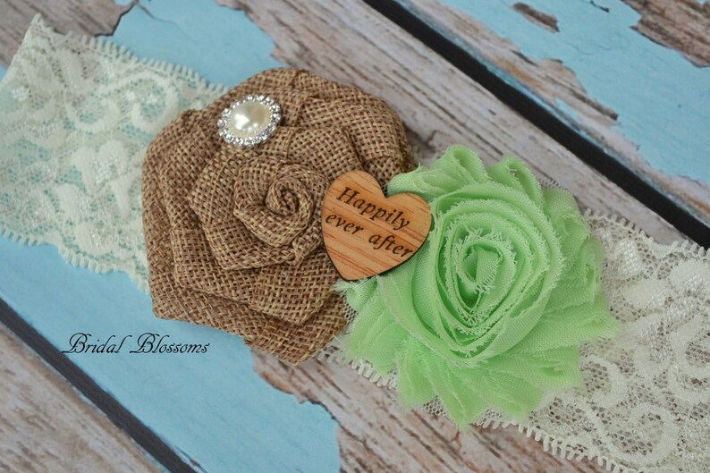 Wood Rustic Country Wedding Stretch Lace Chiffon Fabric Flower Garters Plus Size Ivory Tan Burlap Bridal Garter Set