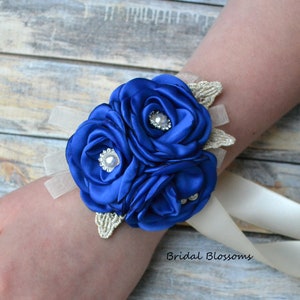 Royal Blue Ivory Flower Wrist Corsage & Boutonniere | Wedding Satin Singed Roses Mother of Bride Baby Shower Prom Homecoming Flowers