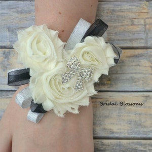 Mickey Minnie Mouse Ivory Silver Black Chiffon Flower Wrist Corsage Boutonniere Set | Disney Wedding | Prom Baby Shower Anniversery Birthday