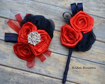 Red Navy Blue Chiffon Satin Ribbon Flower Wrist Corsage & Boutonniere | Vintage Inspired Wedding | Mother of Bride | Bridal Baby Shower Prom