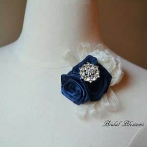 Ivory Navy Chiffon Ribbon Flower Corsage & Boutonniere | Vintage Inspired Wedding | Rose Brooch | Bridal Baby Shower | Pin On Corsage Blue