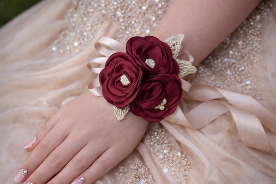 corsage for burgundy prom dress Champagne Flower Wrist & Boutonniere Belt Sizes:41 (waist size 29