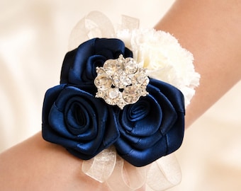 Navy Ivory Chiffon Ribbon Flower Wrist Corsage Boutonniere | Vintage Inspired Wedding | Bride Mother | Bridal Baby Shower Prom Homecoming