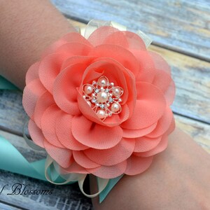 Coral Aqua Chiffon Flower Wrist Corsage | Vintage Inspired Wedding Corsage | Summer Beach Wedding | Mother of the Bride | Flower Girl | Prom