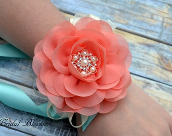 Coral Aqua Chiffon Flower Wrist Corsage | Vintage Inspired Wedding Corsage | Summer Beach Wedding | Mother of the Bride | Flower Girl | Prom