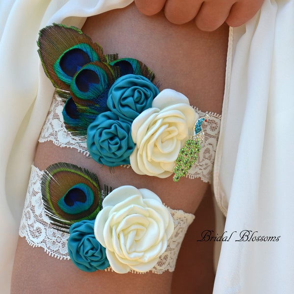 Ivory Teal Peacock Feather Bridal Garter Set | Satin Fabric Flower Garters | Rhinestone Wedding Stretch Lace Keepsake & Toss | Plus Size
