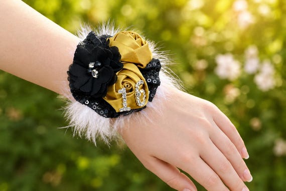 2026 Prom Gold Black Satin Flower Wrist Corsage | Sequin Feather Corsage Elastic Wristlet | Homecoming | Gatsby Inspired | Sweet 16 Birthday