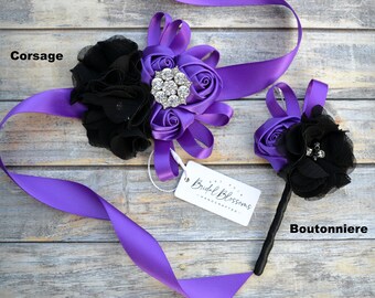 Handgelenk-Armband & Ansteck-Korsage Set – Lila Kunstblumen, Für Hochzeit & Ball