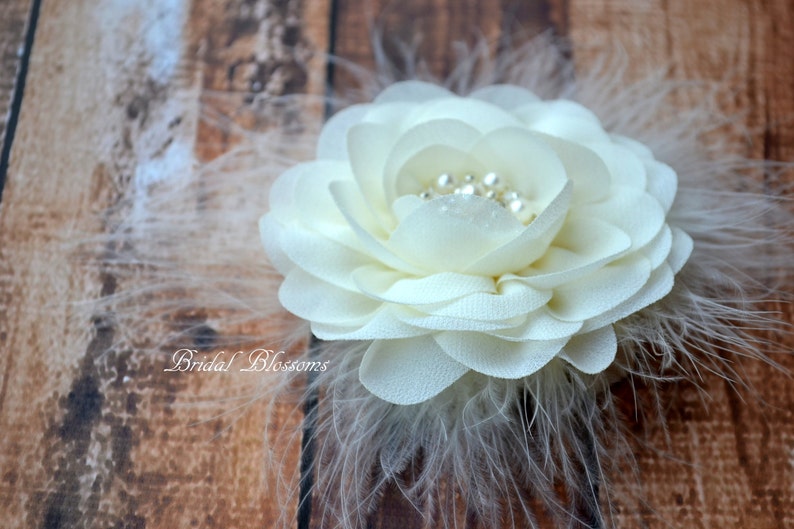 BEST SELLER Ivory Chiffon Flower Hair Clip Vintage Inspired Bridal Hair Piece Fascinator Flower Girl Feathers Pearl Rhinestone image 3