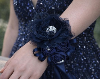 corsage for dark blue dress New Artificial Navy and White Corsage, Navy and White Prom Corsage, Navy  Boutonniere, Navy Prom Bout, Navy and White Prom Corsage