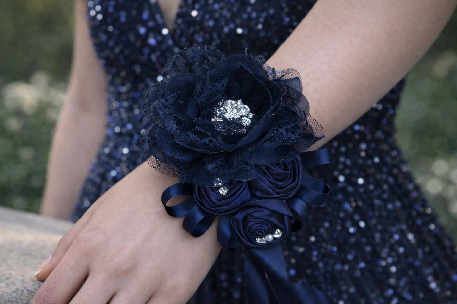 corsage for navy blue dress Navy Blue & Champagne Corsage Wrist Bridesmaid – Rinlong Flower