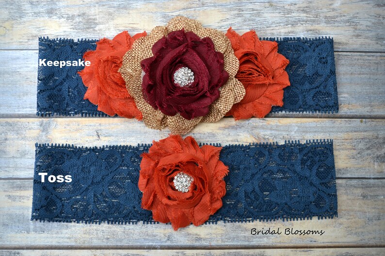 Navy Blue Burnt Orange Burgundy Tan Burlap Bridal Garter Set Wood Rustic Wedding Chiffon Fabric Flower Garters Stretch Lace Plus Size
