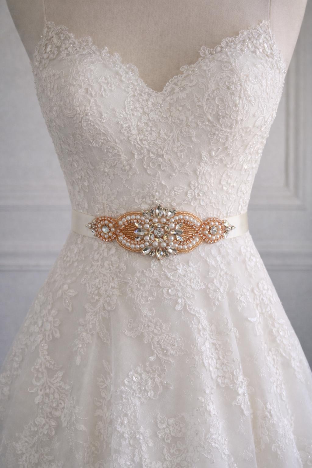wedding dress with gold sash Designer Pearls Crystals Rose Gold Bridal Sash Belt – Brydealo main image 1
