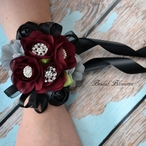 Burgundy Black Gray Chiffon Satin Flower Wrist Corsage | Vintage Inspired Wedding | Prom Homecoming Flowers Bout Dark Red | Boutonniere