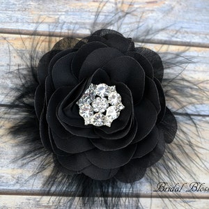 Black Chiffon Flower Hair Clip | Vintage Inspired Bridal Hair Piece | Fascinator | Girl Feathers Pearl Rhinestone | White Ivory Feathers