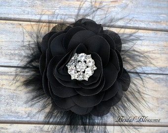 Black Chiffon Flower Hair Clip | Vintage Inspired Bridal Hair Piece | Fascinator | Girl Feathers Pearl Rhinestone | White Ivory Feathers