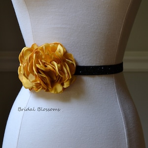 Mustard Golden Yellow Flower Black Shimmer Skinny Elastic Belt | Bridal Bridesmaid | Thin Dress Belt | Wedding Prom Belts | Stretchy Belt