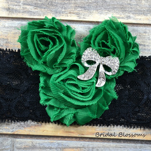 Minnie Mickey Mouse Bridal Garter Set | Chiffon Fabric Flower Lace Garter | Rhinestone Wedding Stretch Garter Plus Size Emerald Green Black