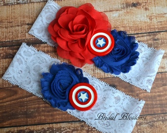 Captain America Bridal Garter Set | Super Hero Wedding Garters | Flower Lace Garter | Keepsake Toss Superhero USA Red Bridal White Blue