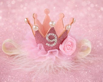 Dog Puppy Birthday Glitter Tulle Crown Headband - Pink Ivory Pearl Flower - Elastic Headband 1st 2nd 3rd 4th 9th Birthday Number Tiara Hat