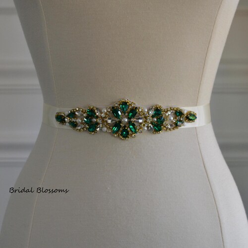 Green Thin Bridal Belt Emerald Leaf Crystal Rhinestone Sash 