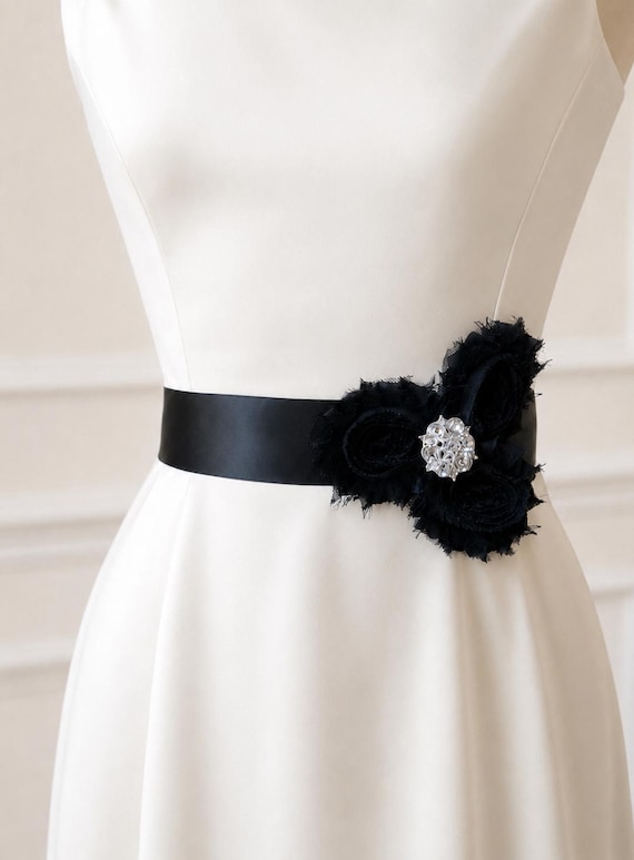 LORYN Black Vintage Inspired Bridal Sash | Shabby Chiffon Flower Wedding Dress Sash | Belt Ribbon | Bridesmaids | Rhinestone