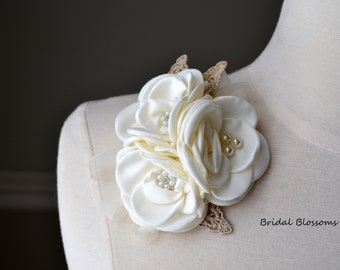 Ivory Flower Corsage | Vintage Inspired Wedding | Satin Singed Roses Gold Leaf | Bridal Baby Shower Prom Wrist Or Pin On Cream Rose