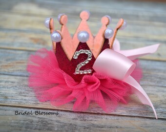 Birthday Glitter Tulle Flower Crown Headband OR Hair Clip - Light Hot Pink Bow Glitter Elastic Headband 1st 2nd 3rd 4th Birthday Tiara