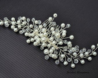 Pearl Bead Bridal Hair Comb | Veil Slide | Wedding Hair Accessories | Prom | Vintage Inspired Classic Headpiece | Ivory Silver Tone C5