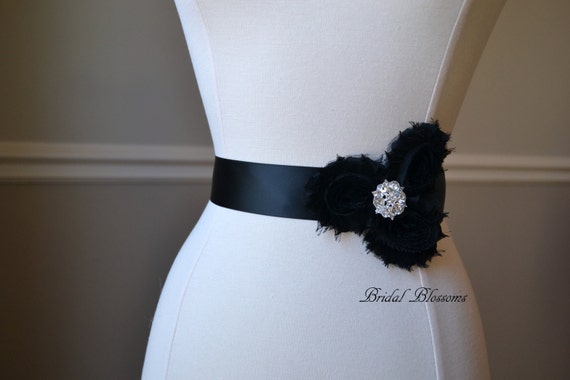 Wedding Dress Rhinestone Ribbon Belt Black