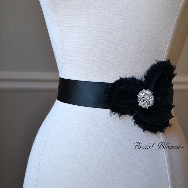 LORYN Black Vintage Inspired Bridal Sash | Shabby Chiffon Flower Wedding Dress Sash | Belt Ribbon | Bridesmaids | Rhinestone