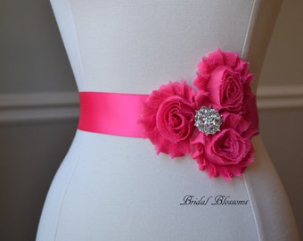LORYN Shocking Pink Vintage Inspired Bridal Sash | Shabby Chiffon Flower Wedding Dress Sash | Belt Ribbon Bridesmaids | Rhinestone Hot Pink