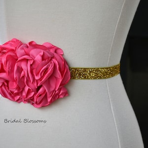 Hot Pink Flower Gold Shimmer Skinny Elastic Belt | Bridal Bridesmaid | Glitter Sash | Thin Dress Belt | Wedding Prom Belts | Stretchy Belt