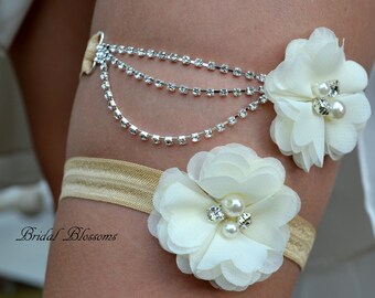 Rhinestone Bridal Garter Set | Ivory Tan Elastic Garters Flowers | Rhinestone Wedding No Slip Elastic Garter | Plus Size | Applique Flower