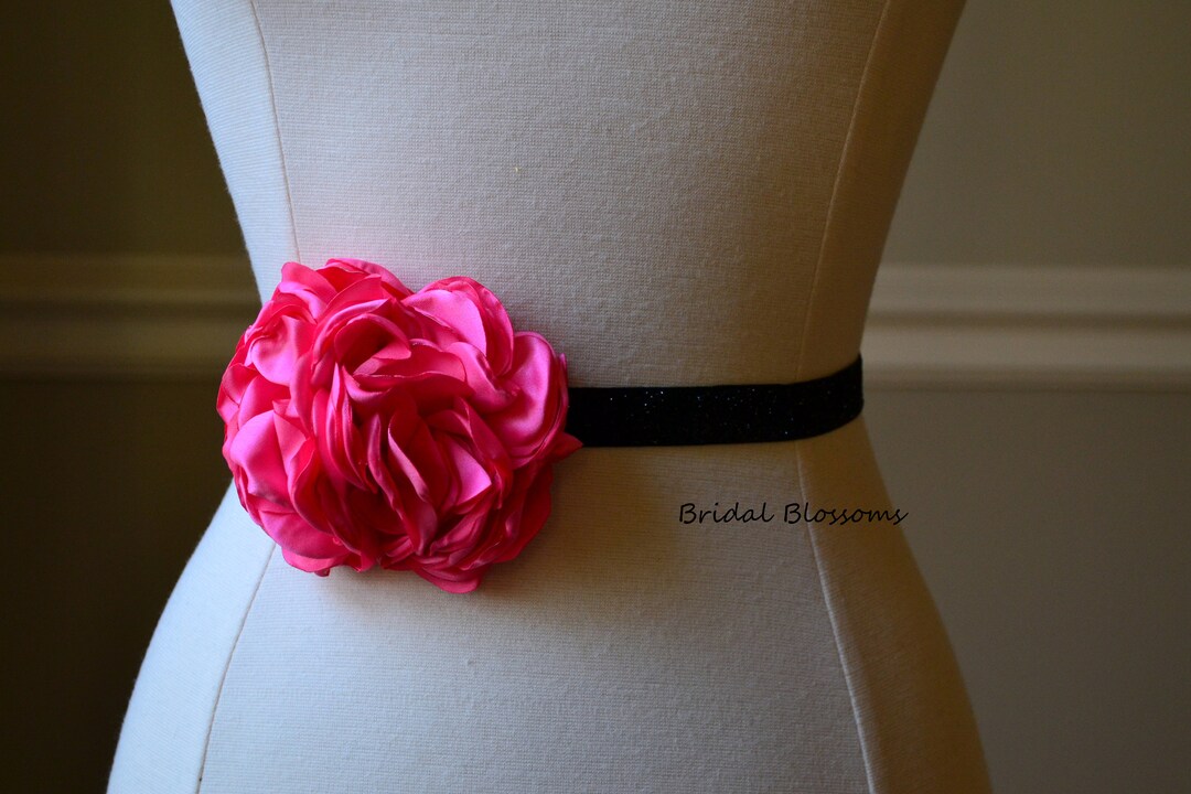 Hot Pink Flower Black Shimmer Skinny Elastic Belt Bridal Bridesmaid