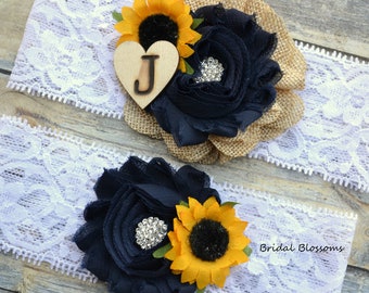 Bridal White Navy Blue Tan Burlap Sunflower Bridal Garter Set Initial | Flower Garters Wood Rustic Country Wedding | Lace | Plus Size