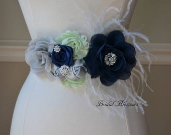 STEVIE Gray Navy Mint Green Flower Maternity Sash | It's A Boy | Newborn Photo Prop | Baby Shower Belly Band Belt | Feathers Jewels