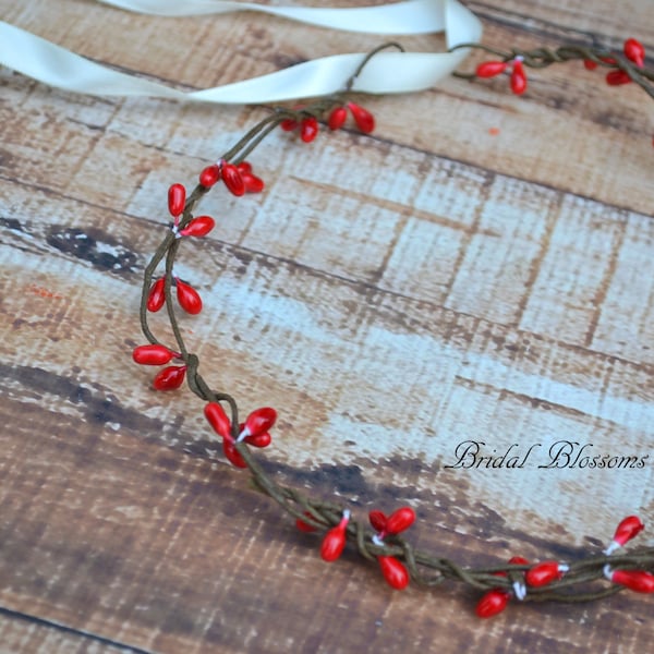 Rustic Red Twig Crown | Bridal Flower Girl Wedding Halo Boho Hair Accessory | Woodland Berry Wreath | Pip Berries Bridesmaid Crown Ribbon