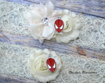 No-Slip Spiderman Bridal Garter Set | Red Ivory Wedding Garters | Flower Stretch Lace Garter Keepsake Toss Superhero Spider Man Peter Parker