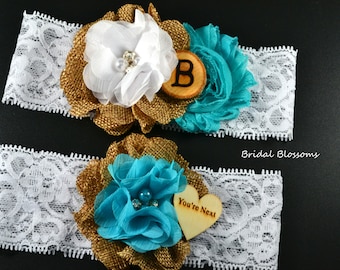 Burlap Turquoise White Bridal Garter Set Initial | Tan Natural Flower Garters | Wood Rustic Country Wedding Lace You're Next | Plus Size