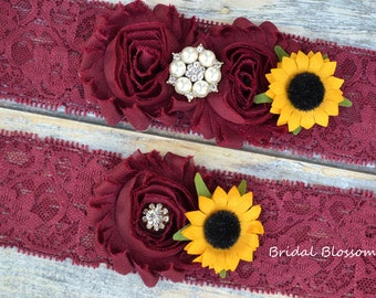 Burgundy Sunflower Pearl Bridal Garter Set | Chiffon Fabric Flower Lace Garter | Pearl Rhinestone Wedding Stretch Lace Plus Size Maroon Wine