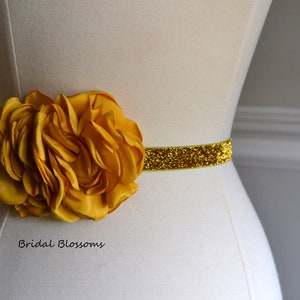 Gold Flower Shimmer Skinny Elastic Belt | Bridal Bridesmaid | Glitter Sash | Thin Dress Belt | Wedding Prom Belts Stretchy | Yellow Mustard