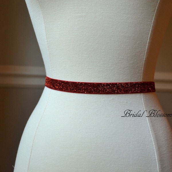 ABIGAIL Red Shimmer Skinny Elastic Belt | Bridal Bridesmaid | Glitter Sash | Thin Dress Belt Wedding Bridal Accessories Prom Belts