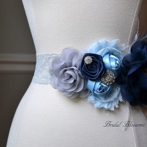 BEST SELLER - CHARLIE Gray Navy Blue Flower Maternity Sash | It's A Boy | Newborn Photo Prop | Baby Shower Belly Band Belt | Feathers Jewels