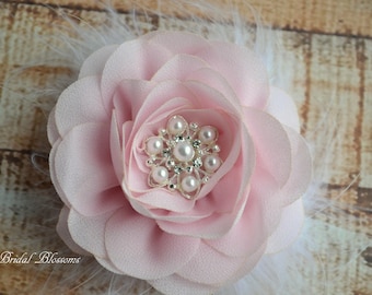 Light Pink Chiffon Flower Hair Clip | Vintage Inspired Bridal Hair Piece | Wedding Fascinator | Flower Girl Feathers Pearl Rhinestone White