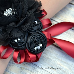 Black Maroon Burgundy Flower Wrist Corsage Boutonniere | Vintage Inspired Wedding | Chiffon Satin Roses | Bridal Shower Prom Homecoming