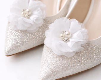 Elegant White Bridal Shoe Clips - Wedding, Bridesmaid, Mother of the Bride, Prom - Custom Colors Available - Flower Shoe Clips