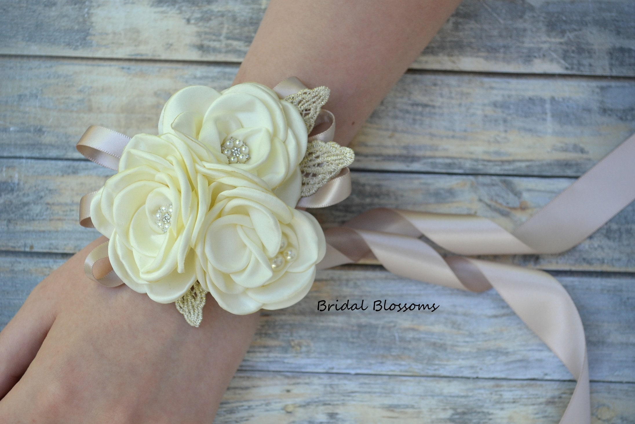 Ivory Taupe Flower Wrist Corsage & Boutonniere Vintage Inspired