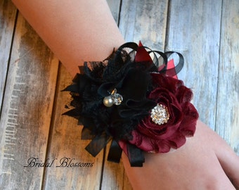 BEST SELLER Beautiful Soft Black & Burgundy Chiffon Flower Wrist Corsage Boutonniere Set | Wedding Mother of the Bride | Rhinestone Prom